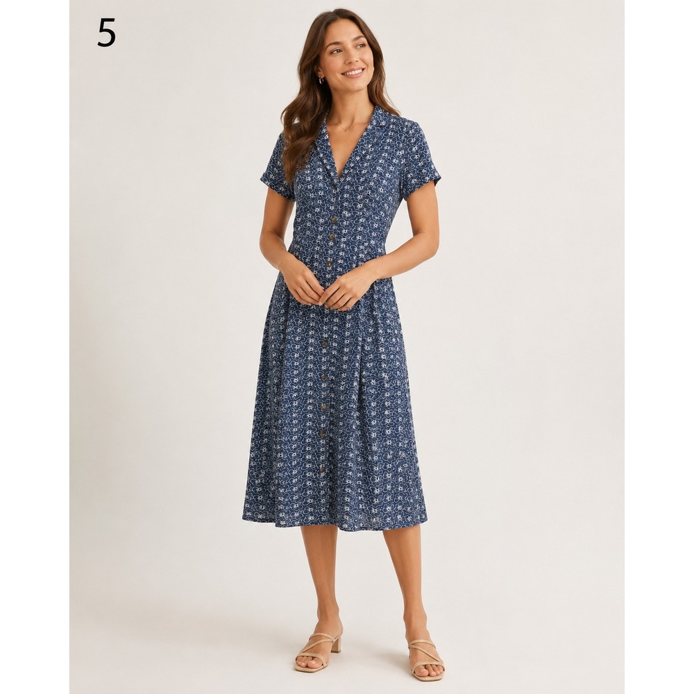 FORE Button Front Midi Dress Women Medium Blue Cotton Floral Embroidered Country
